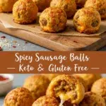 Delicious spicy sausage balls without Bisquick, keto-friendly and gluten-free appetizer, golden baked with melted cheddar cheese