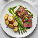 Herb-Crusted Rack of Lamb with Mint Pesto elegantly plated for wedding dinner