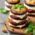 Vegetarian Eggplant Parmesan Towers with melted mozzarella and fresh basil garnish