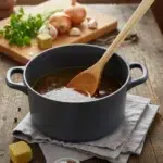 Featured image of beef bouillon cubes and steaming broth in a rustic kitchen setting