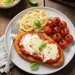 Crispy Chicken Parmesan cutlet topped with marinara, mozzarella, and parmesan cheese on a plate