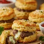 Golden Garlic Parmesan Cheeseburger Bombs on a rustic wooden table with melted cheese and dipping sauce