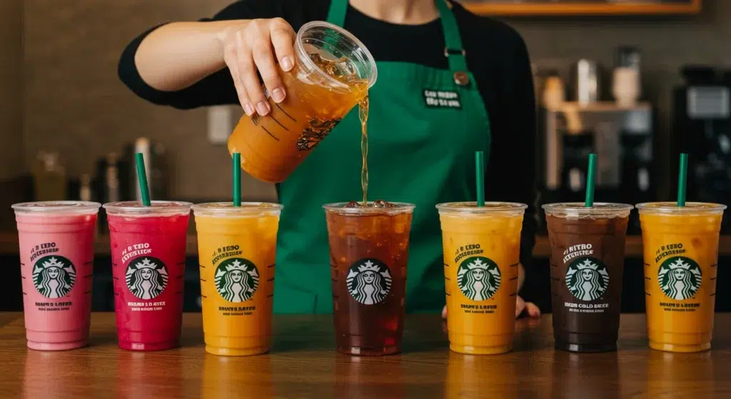 Barista pouring low calorie Starbucks drinks at counter