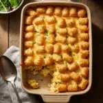 Tater Tot Casserole fresh from the oven with golden crispy top and melted cheese