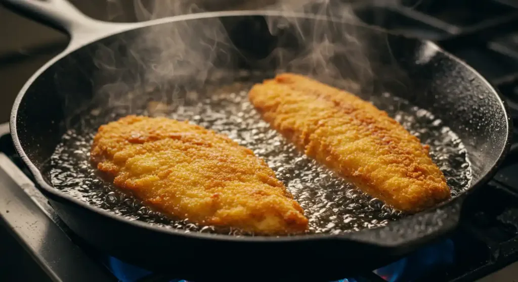Chicken and fish frying in hot oil for hip hop fish and chicken recipe