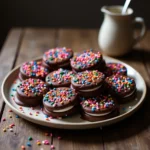 Chocolate Covered Oreos recipe card with Oreos, melted chocolate, and sprinkles on a wooden table in a cozy kitchen
