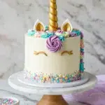 Magical unicorn cake with three layers, rainbow buttercream mane, golden horn and pastel decorations - perfect birthday cake recipe