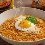 Creamy carbonara buldak ramen with egg yolk and chili flakes