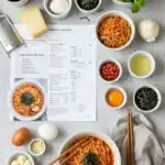 Recipe setup for creamy carbonara buldak ramen with printed steps