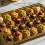 Dubai chocolate strawberries with kataifi crunch on elegant tray