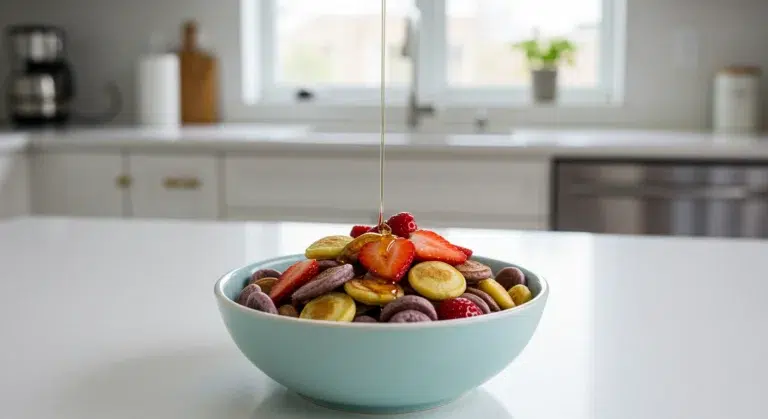 Vegan pancake cereal with strawberries and maple syrup