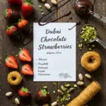 Recipe card for Dubai chocolate strawberries with ingredients