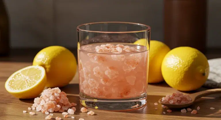Pink salt trick drink in cozy kitchen setting