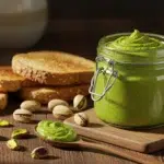 Homemade pistachio butter in a jar on a cozy kitchen table