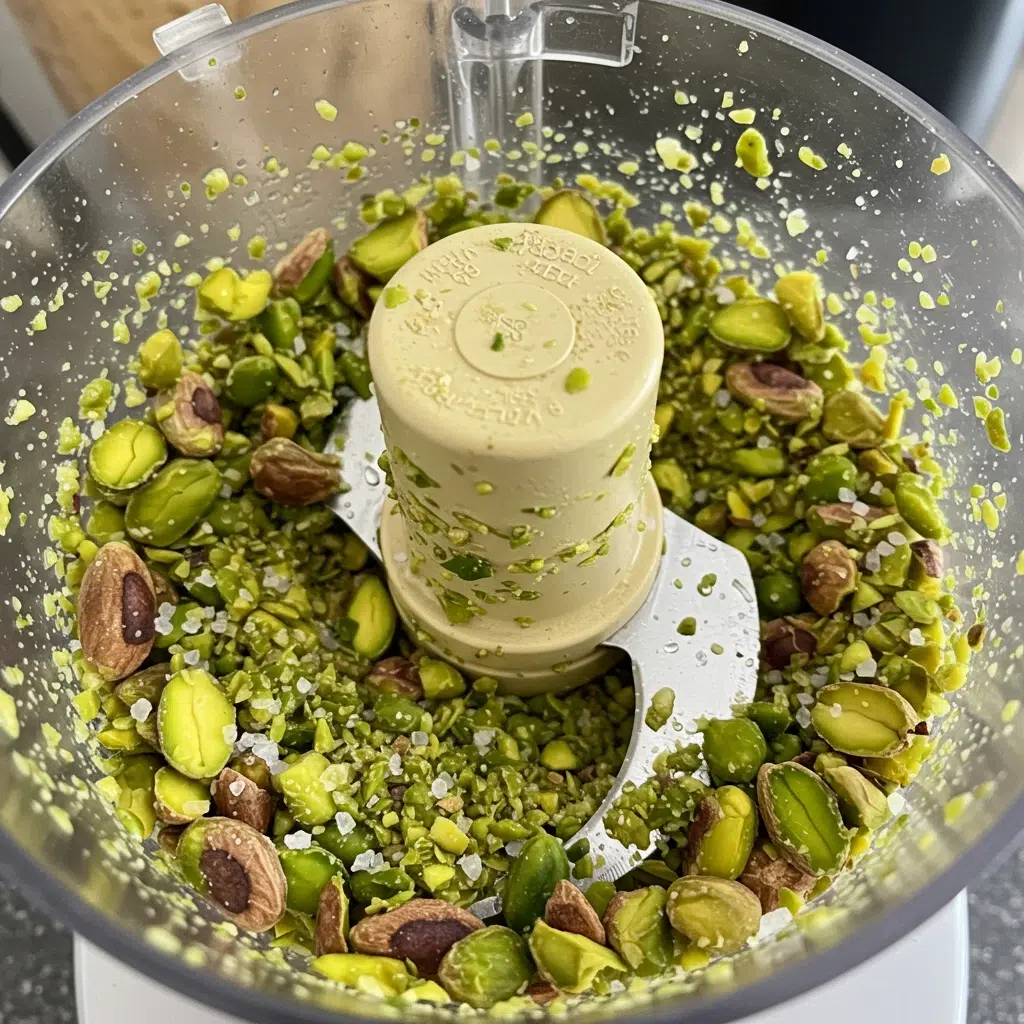 Roasted pistachios blending into pistachio butter