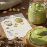 Pistachio butter recipe card on a rustic table
