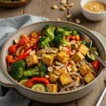 Roasted vegetables with tofu noodle bowl with Sriracha peanut sauce