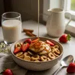 Vegan pancake cereal recipe card bowl with maple syrup and strawberries