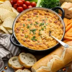 Crockpot Marry Me Chicken Dip with dippers for recipe card