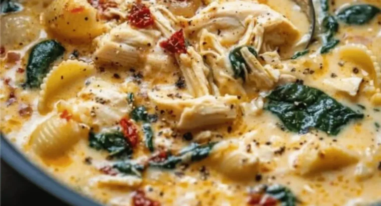 Creamy Marry Me Chicken Soup with pasta, spinach, and Parmesan in a rustic bowl