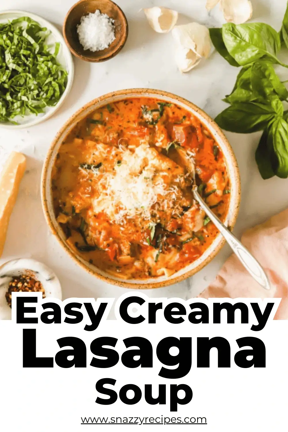 Bowl of creamy lasagna soup with beef, pasta, and cheese