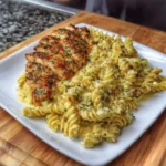 Close-up of creamy garlic Parmesan chicken pasta with parsley garnish in a white bowl.