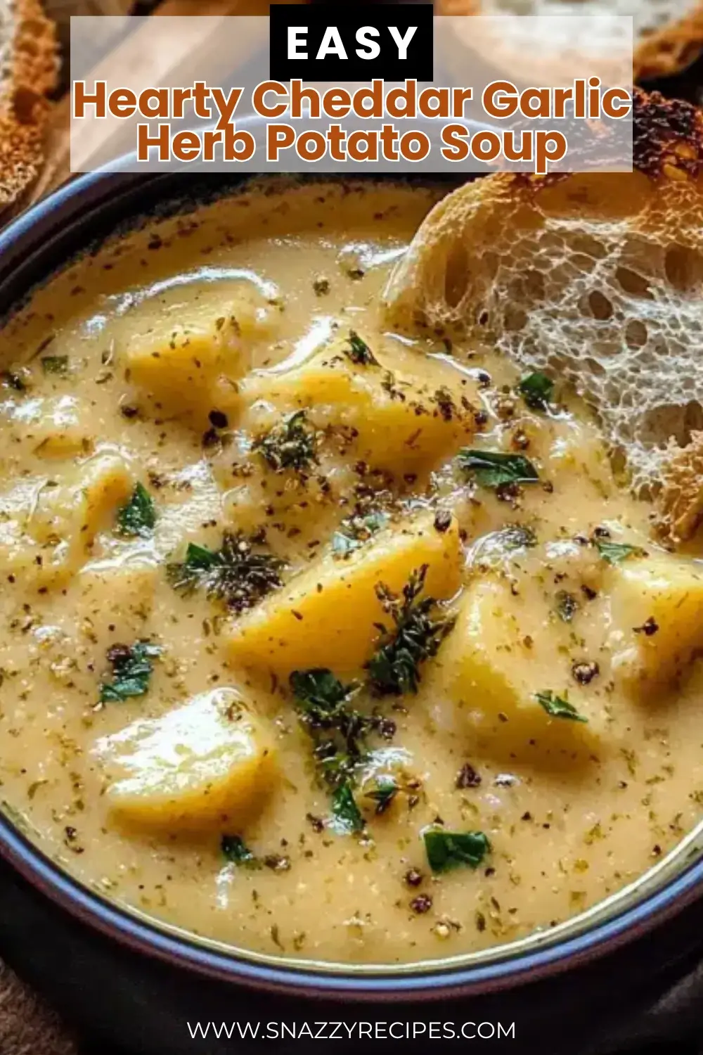 Light potato soup with cheddar and fresh herbs.