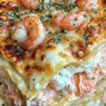 Close-up of cheesy seafood lasagna with shrimp, crab, and parsley garnish