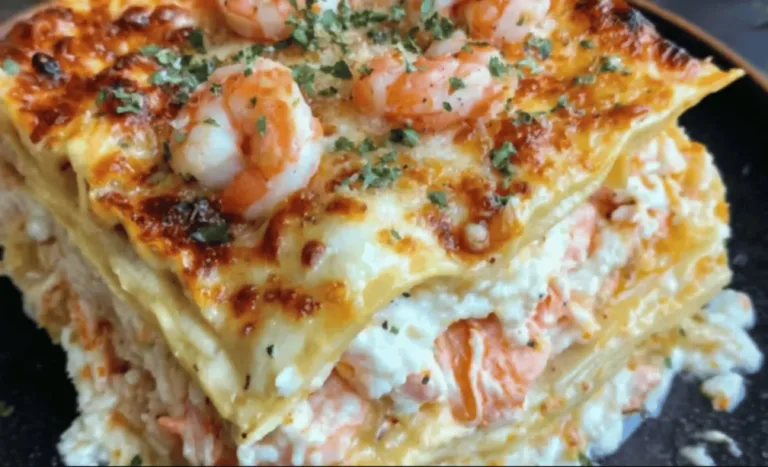 Close-up of cheesy seafood lasagna with shrimp, crab, and parsley garnish