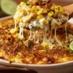 Hearty scoop of Street Corn Chicken Casserole showing creamy chicken, corn, and melted cheese.