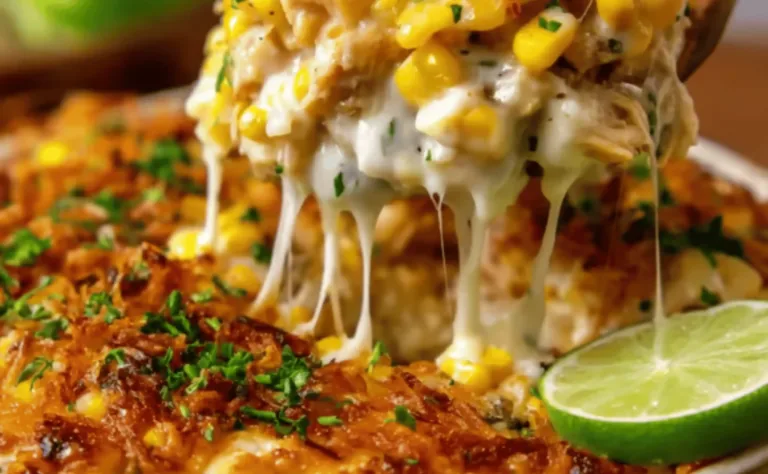 Hearty scoop of Street Corn Chicken Casserole showing creamy chicken, corn, and melted cheese.
