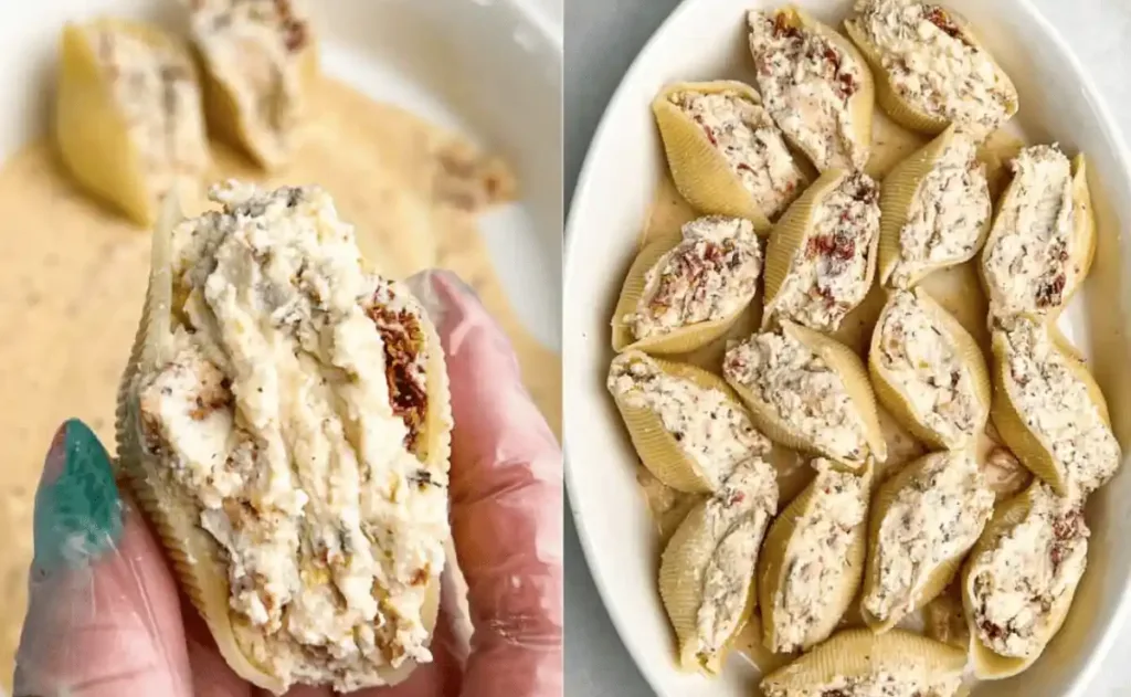 Assembling filled shells into baking dish