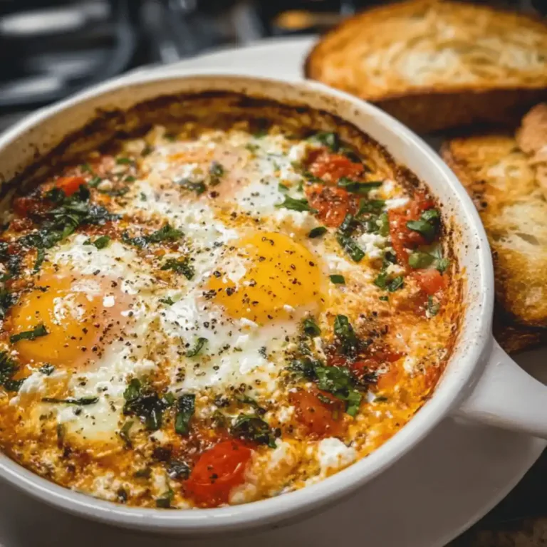 Baked feta eggs served in a rustic dish garnished with herbs