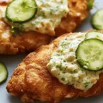 Crispy Dill Pickle Parmesan Chicken with golden crust served on a white plate with fresh dill garnish