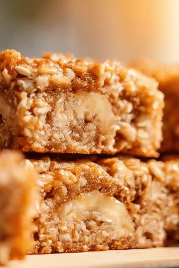Sliced banana oatmeal bars on a serving plate