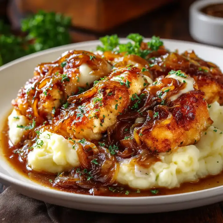 Skillet of French Onion Chicken with Gravy served with mashed potatoes.