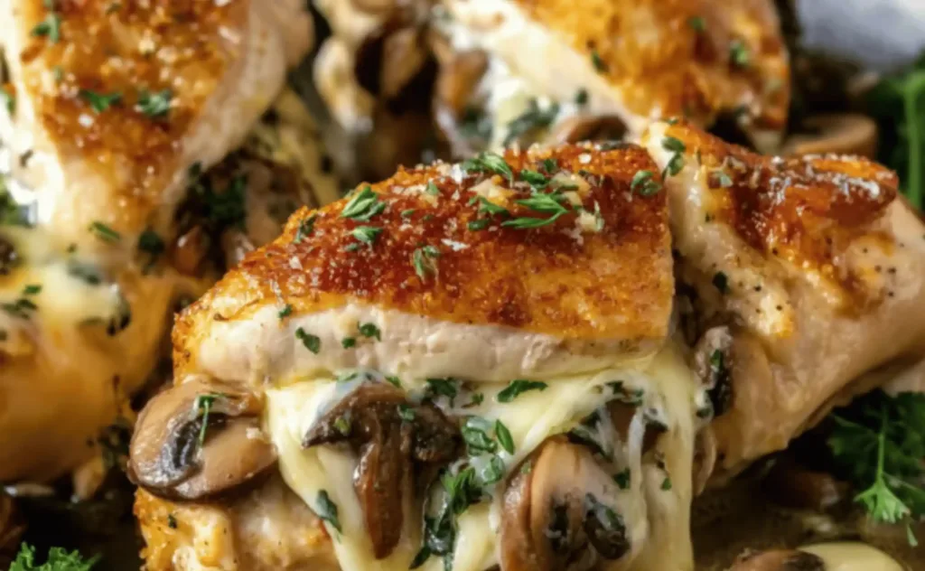 Golden seared garlic butter mushroom stuffed chicken in skillet.