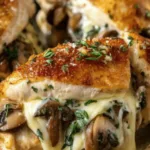 Golden seared garlic butter mushroom stuffed chicken in skillet.