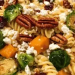 Bowl of colorful Fall Harvest Pasta Salad with roasted butternut squash and Brussels sprouts