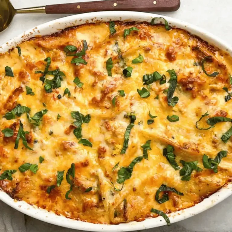 Marry Me Chicken Stuffed Shells in a white baking dish, golden and bubbly