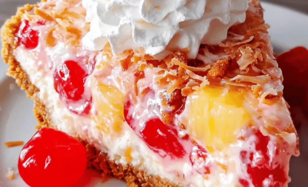 No-bake Millionaire Pie with whipped cream, toasted coconut, and pecans in a graham crust
