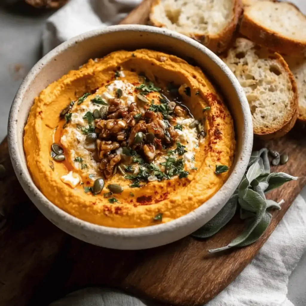 Creamy Pumpkin Whipped Feta Dip served in a bowl with crackers