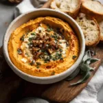 Creamy Pumpkin Whipped Feta Dip served in a bowl with crackers