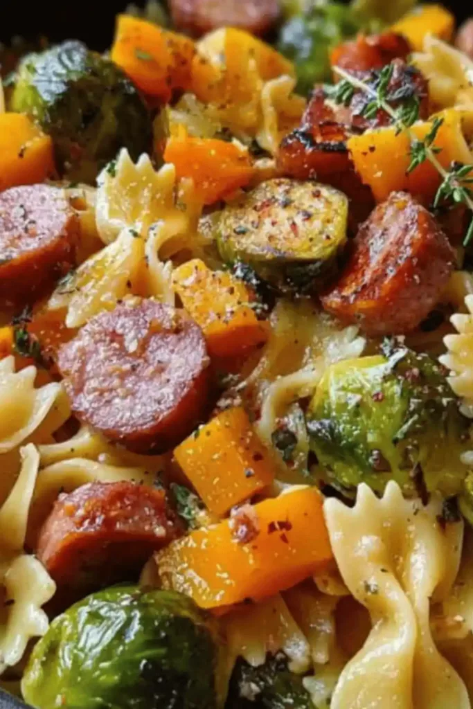 preparation of sausage pasta recipe with roasted vegetables