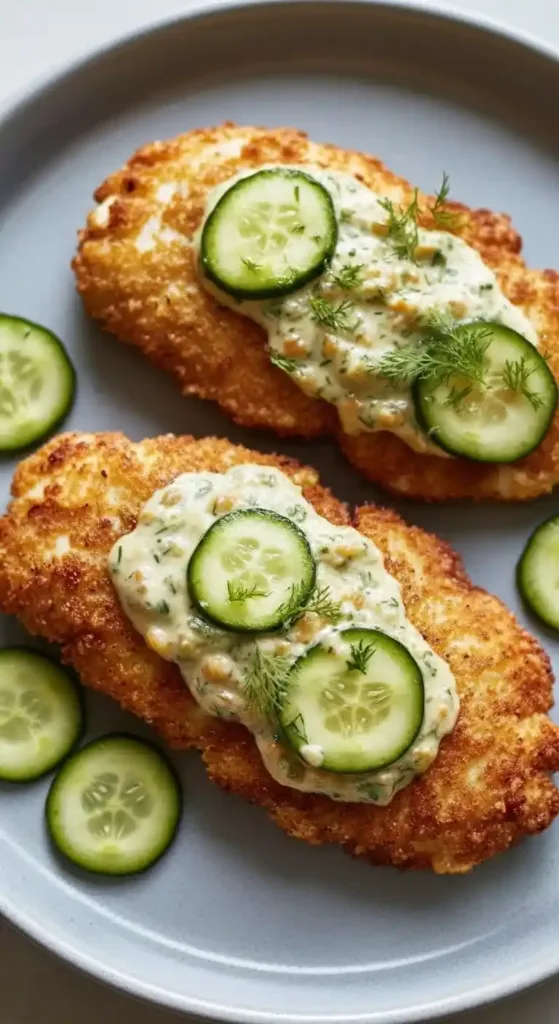 Crispy Dill Pickle Parmesan Chicken arranged on a serving platter