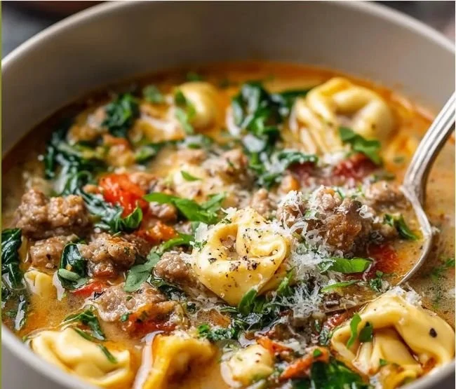 Bowl of autumn tortellini soup with sausage and fresh herbs