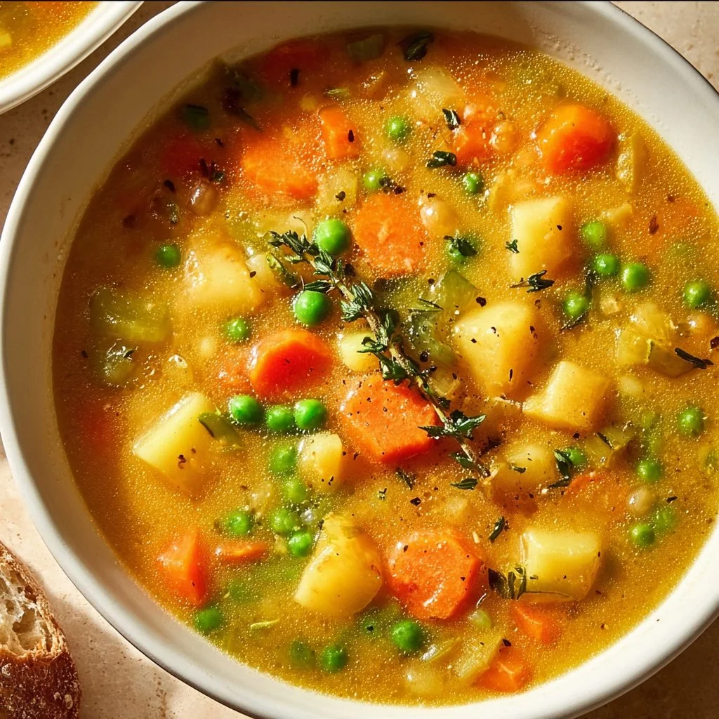 Bowl of creamy vegetable soup with fresh vegetables and herbs