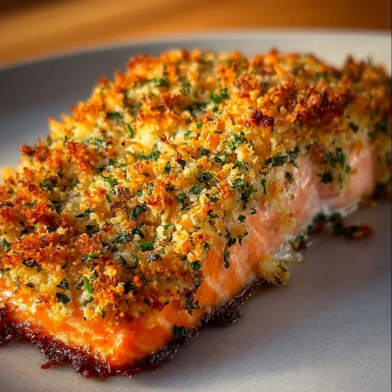 Crispy Parmesan Crusted Salmon with lemon and herbs on a plate
