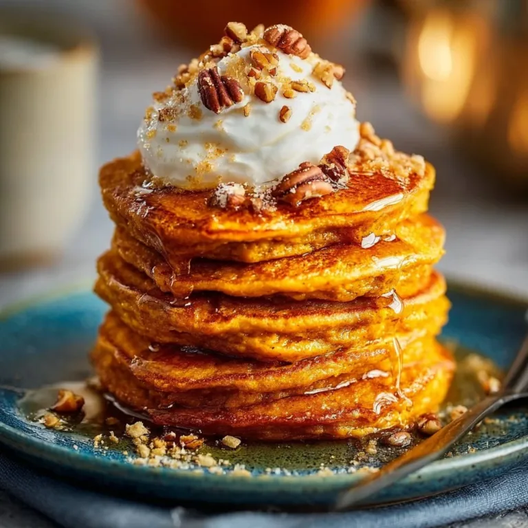 Delicious easy Halloween pumpkin pancakes stacked on a plate with syrup