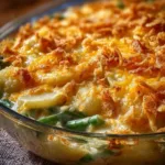Delicious green bean casserole with potatoes on a festive table